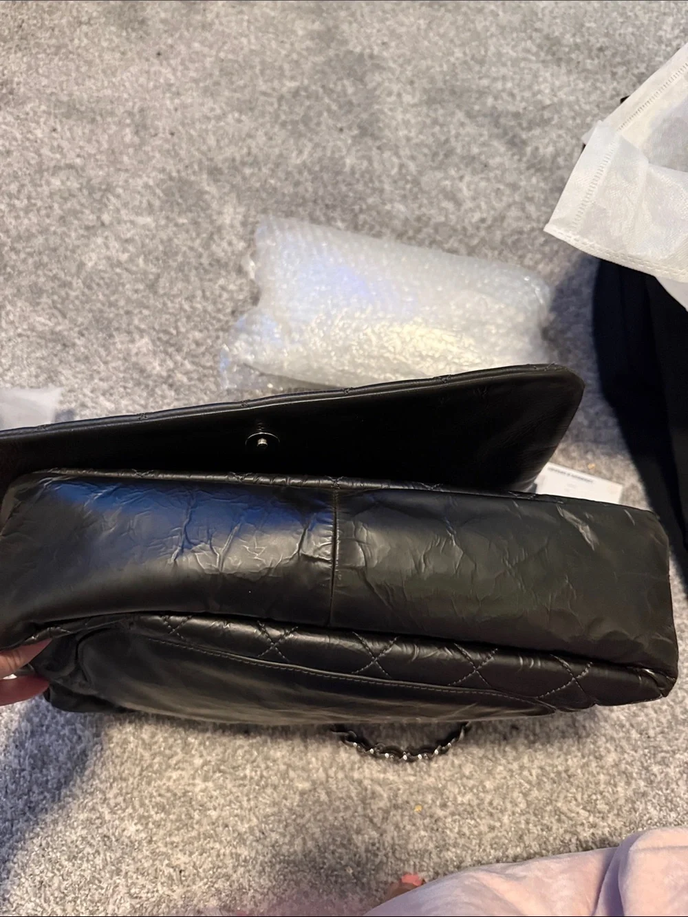 Black Quilted Leather Shoulder Bag with Chain Strap